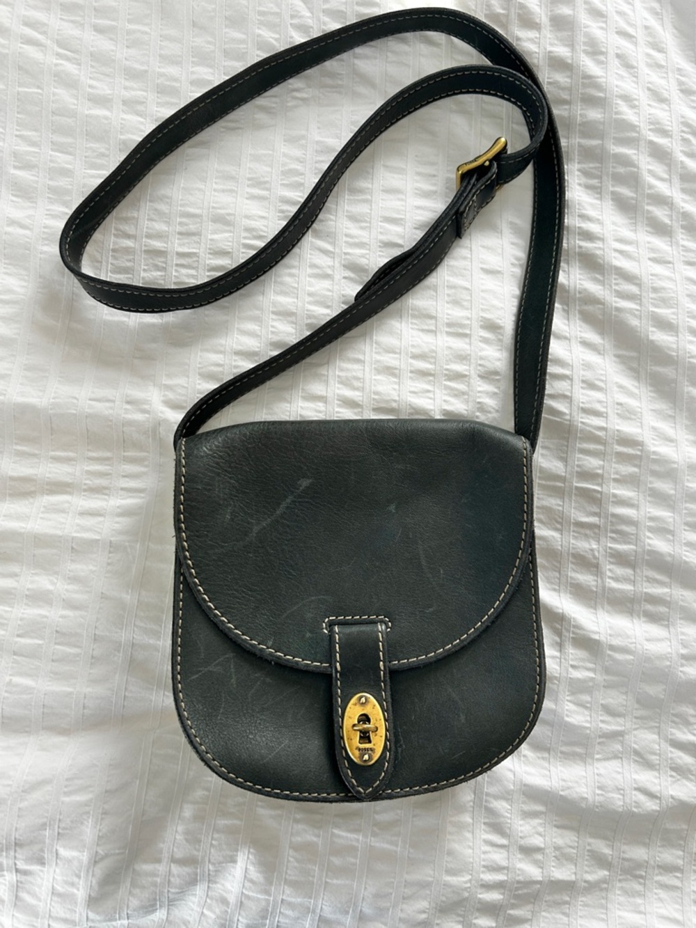 FOSSIL Austin Leather Mini‎ Turn Lock Saddle Bag Grey Boho Classic Travel